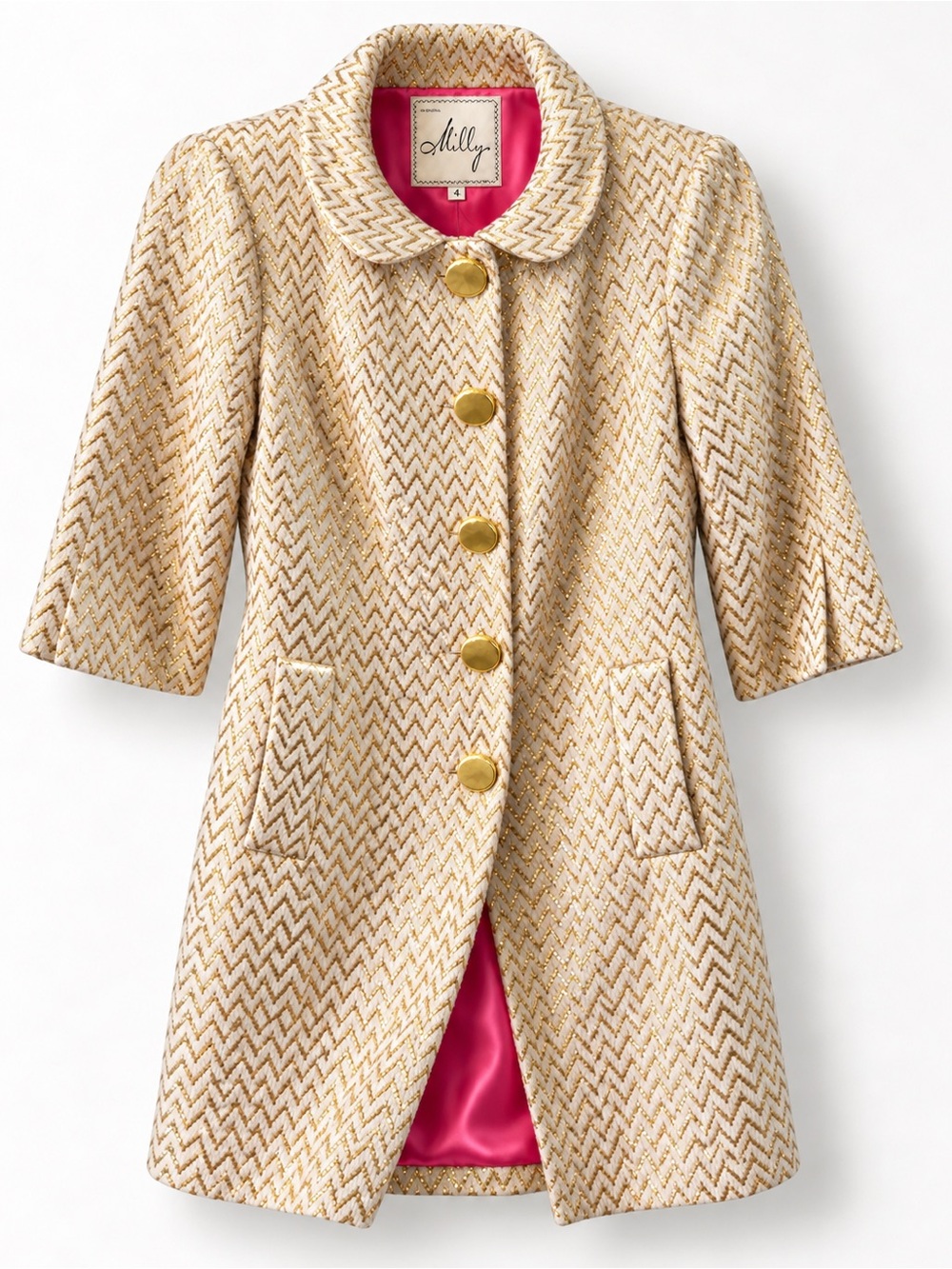 An Original Milly of New York Metallic Chevron Wool Silk Statement Coat